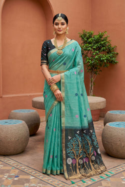 Blooming Turquoise Pure Munga Cotton Silk Saree With Comely Blouse Piece