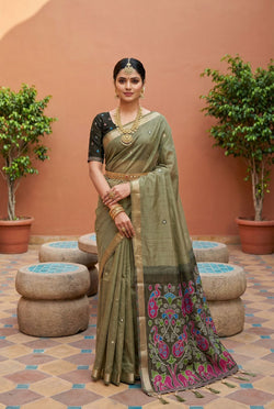 Inimitable Mehndi Pure Munga Cotton Silk Saree With Sonorous Blouse Piece