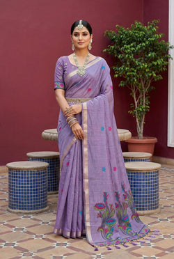 Stunner Lavender Pure Munga Cotton Silk Saree With Smashing Blouse Piece