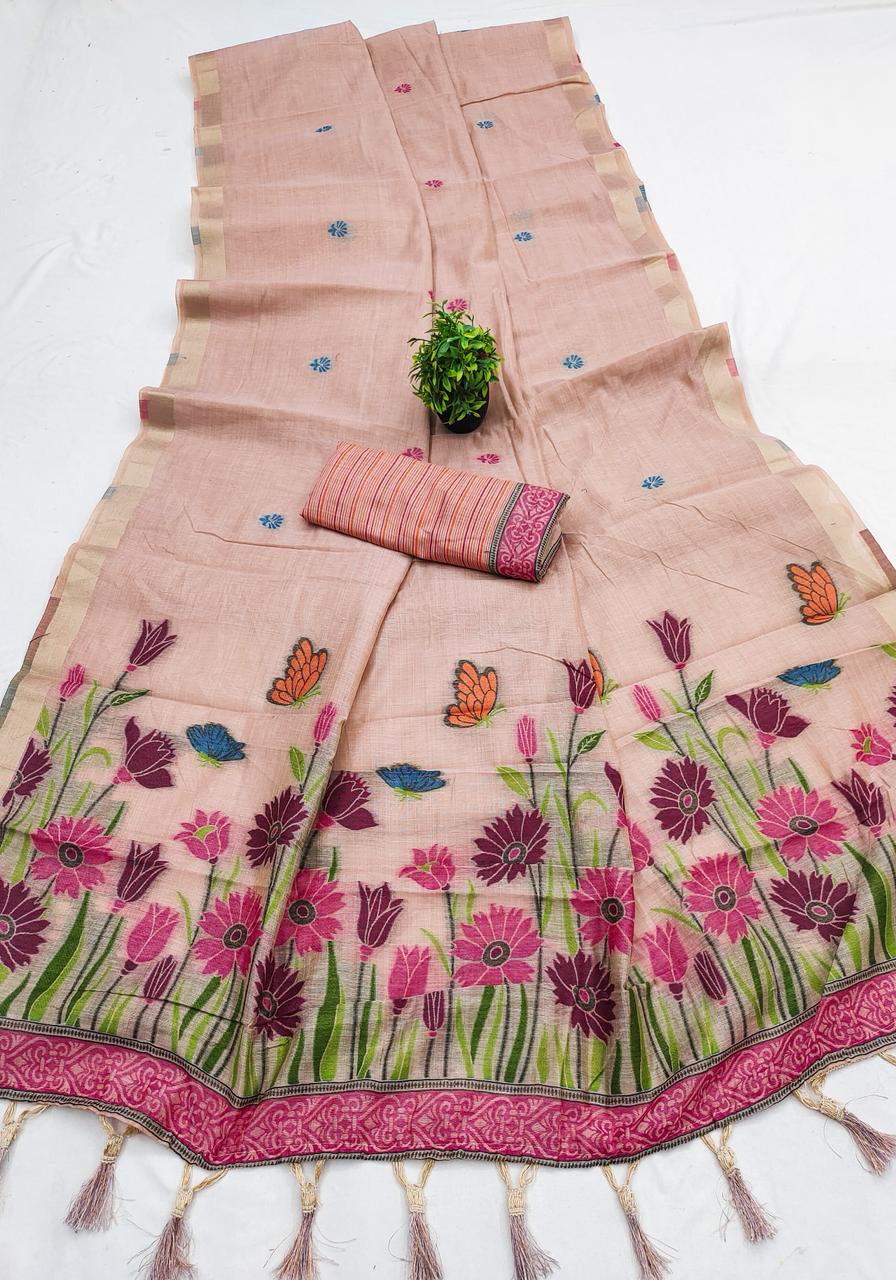Majesty Baby Pink Pure Munga Cotton Silk Saree With Enigmatic Blouse Piece