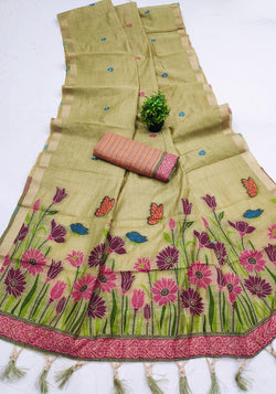 Lissome Green Pure Munga Cotton Silk Saree With Inspiring Blouse Piece