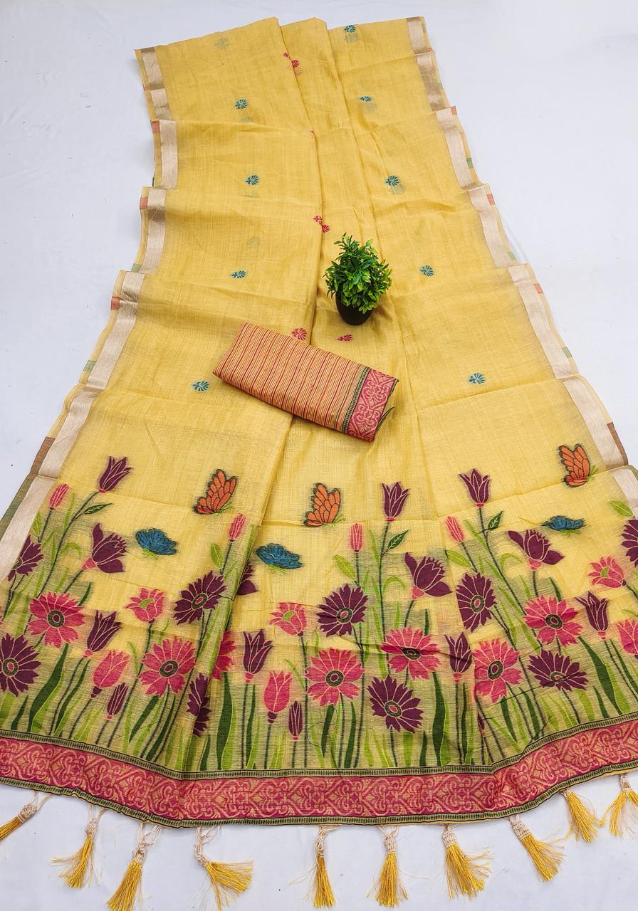 Girlish Yellow Pure Munga Cotton Silk Saree With Glowing Blouse Piece