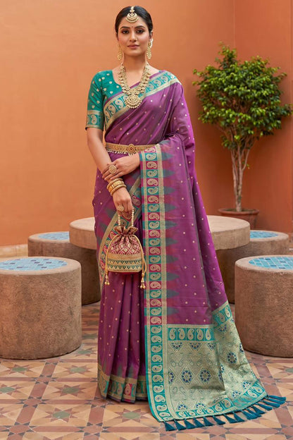 Amazing Wine Pure Zari Weaving Banarasi Silk Saree With Glittering Blouse Piece