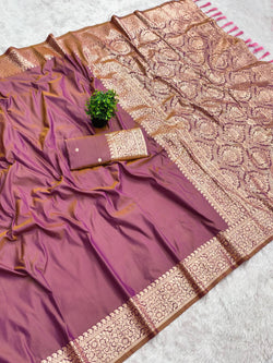 Designer Lavender Pure Banarasi Silk Saree With Imbrication Blouse Piece