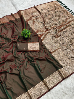 Rhapsodic Mehndi Pure Banarasi Silk Saree With Dazzling Blouse Piece