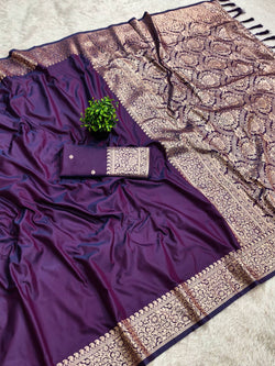 Scintillating Purple Pure Banarasi Silk Saree With Exceptional Blouse Piece