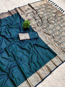 Traditional Teal Blue Pure Banarasi Silk Saree With Seraglio Blouse Piece