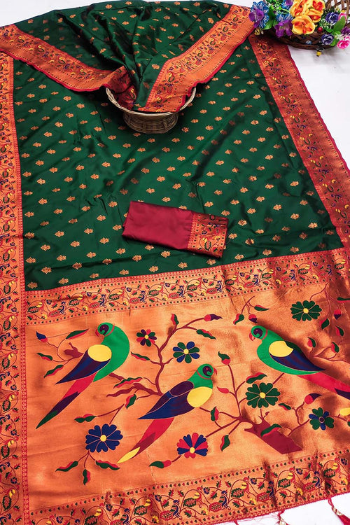 Load image into Gallery viewer, Rhapsodic Dark Green Paithani Silk Saree With Enthralling Blouse Piece
