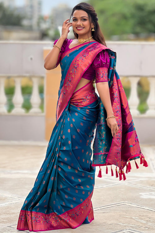 Load image into Gallery viewer, Glittering Firozi Paithani Silk Saree With Imaginative Blouse Piece
