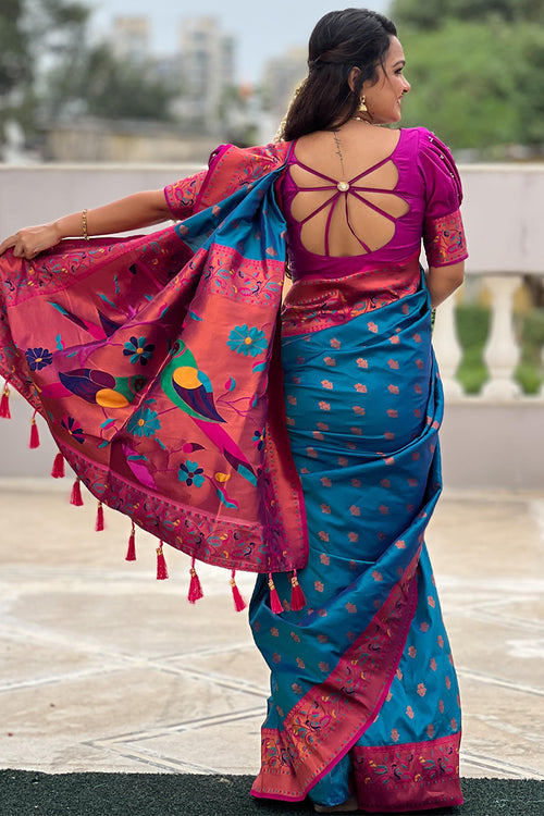 Load image into Gallery viewer, Glittering Firozi Paithani Silk Saree With Imaginative Blouse Piece
