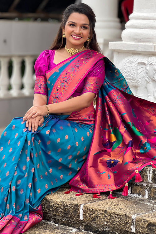 Load image into Gallery viewer, Glittering Firozi Paithani Silk Saree With Imaginative Blouse Piece
