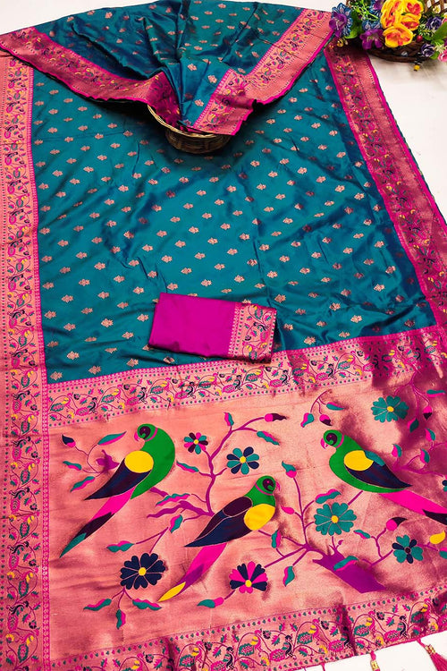 Load image into Gallery viewer, Glittering Firozi Paithani Silk Saree With Imaginative Blouse Piece
