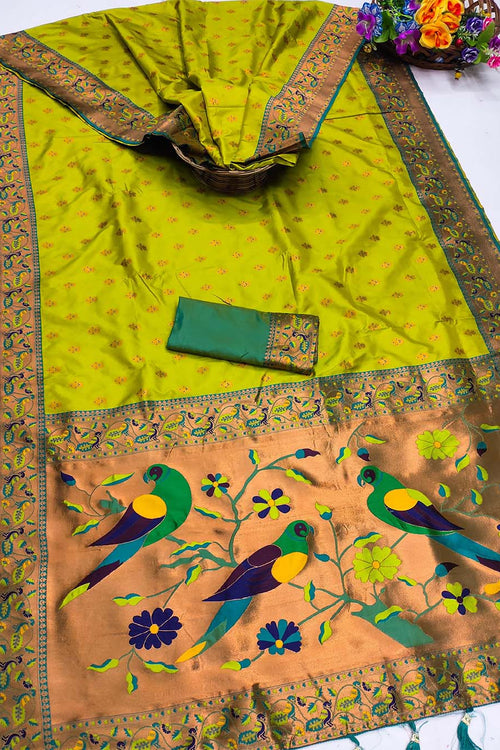 Load image into Gallery viewer, Scrumptious Parrot Paithani Silk Saree With Pleasurable Blouse Piece
