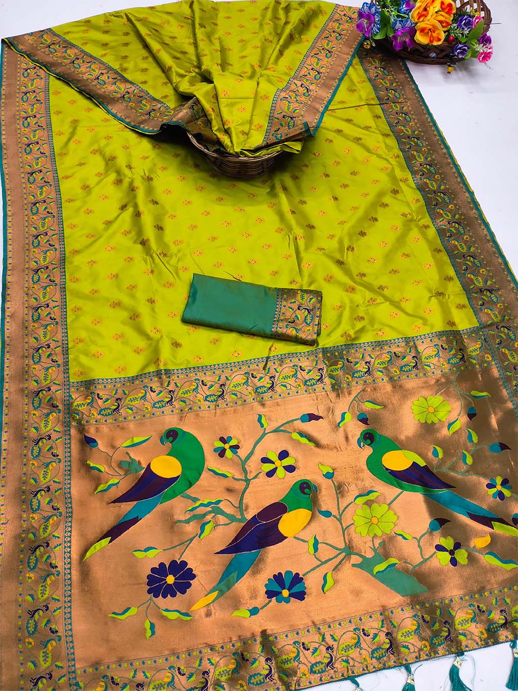 Scrumptious Parrot Paithani Silk Saree With Pleasurable Blouse Piece