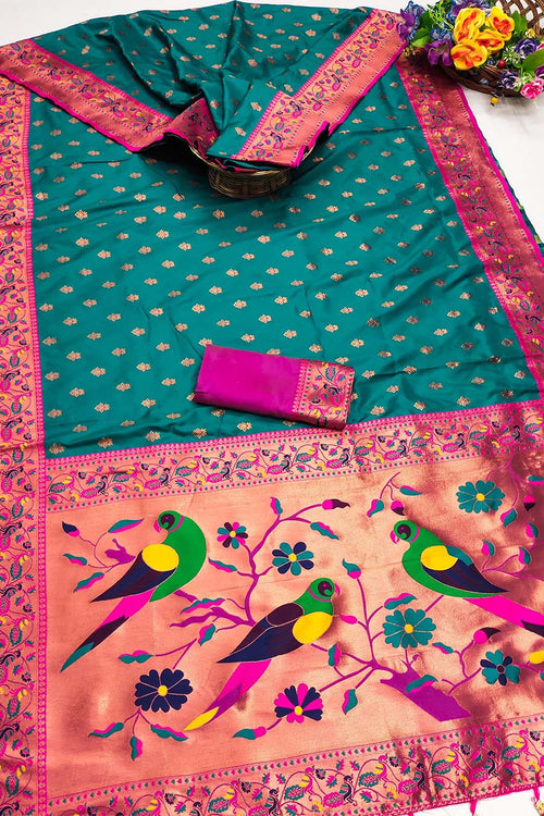 Load image into Gallery viewer, Ideal Sea Green Paithani Silk Saree With Entrancing Blouse Piece
