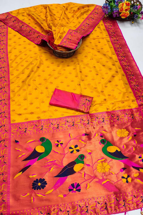 Load image into Gallery viewer, Demanding Yellow Paithani Silk Saree With Staring Blouse Piece
