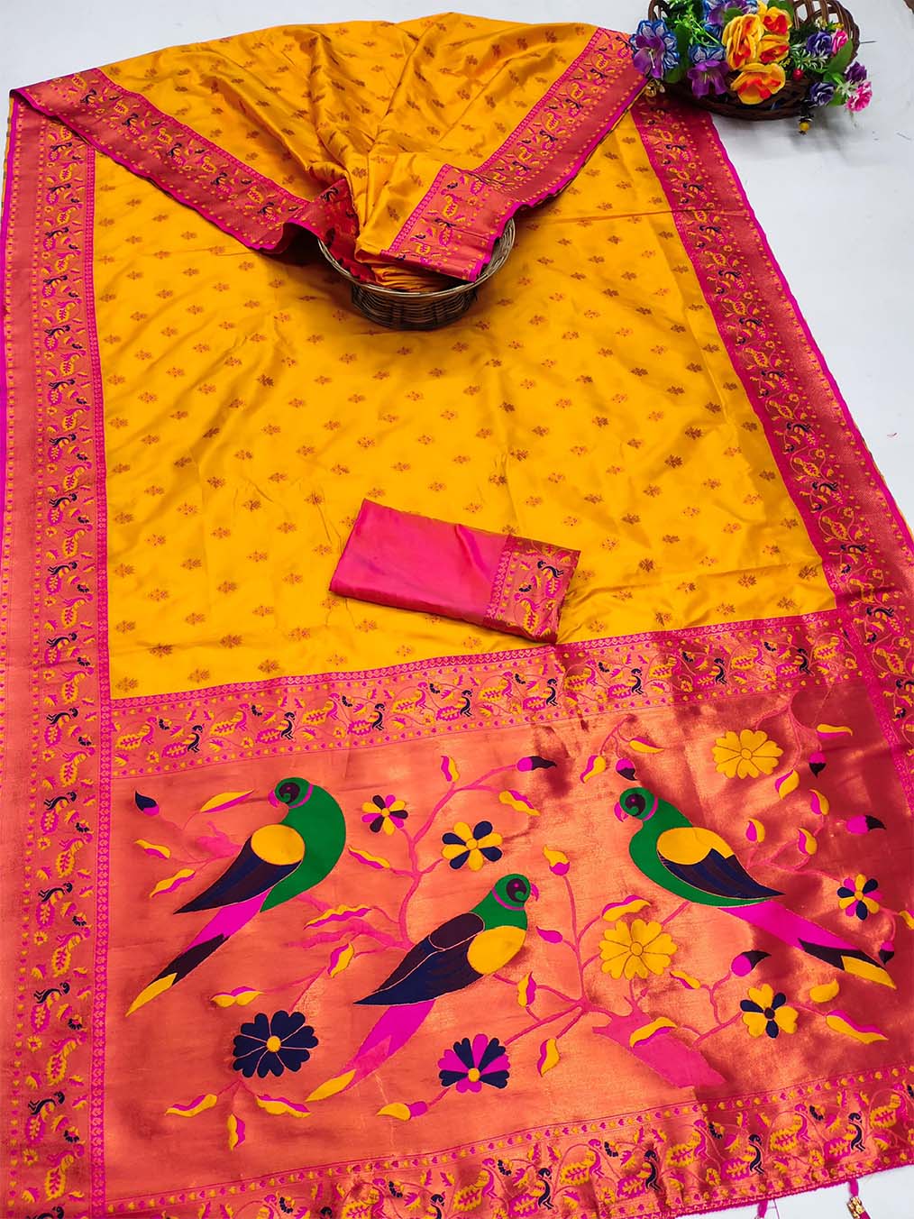 Demanding Yellow Paithani Silk Saree With Staring Blouse Piece