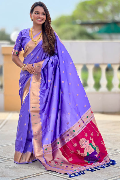 Appealing Lavender Paithani Silk Saree With Petrichor Blouse Piece