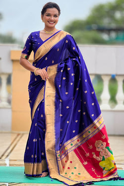 Energetic Royal Blue Paithani Silk Saree With Hypnotic Blouse Piece