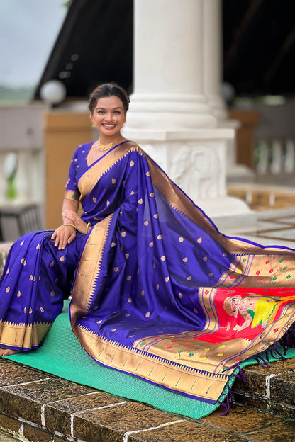 Energetic Royal Blue Paithani Silk Saree With Hypnotic Blouse Piece