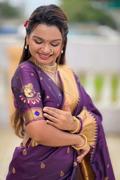 Embrocation Wine Paithani Silk Saree With Jazzy Blouse Piece