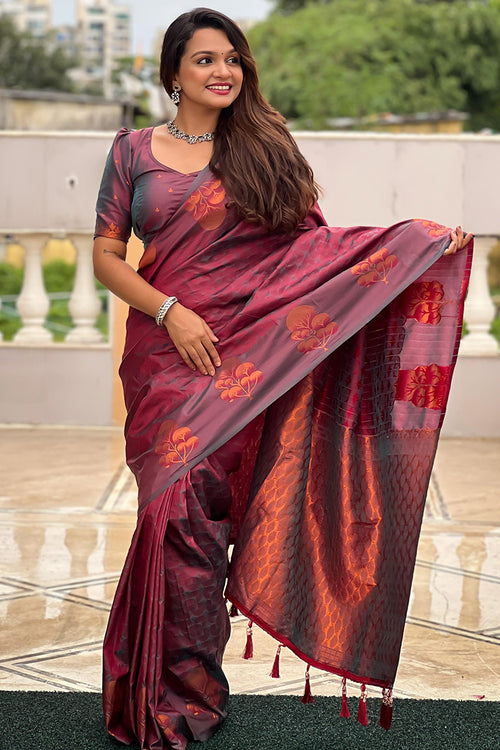 Load image into Gallery viewer, Vivacious Wine Soft Banarasi Silk Saree With Elaborate Blouse Piece
