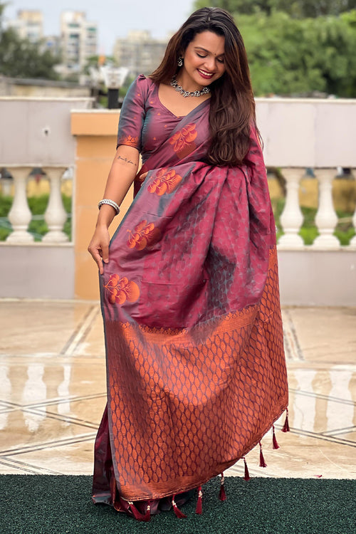 Load image into Gallery viewer, Vivacious Wine Soft Banarasi Silk Saree With Elaborate Blouse Piece
