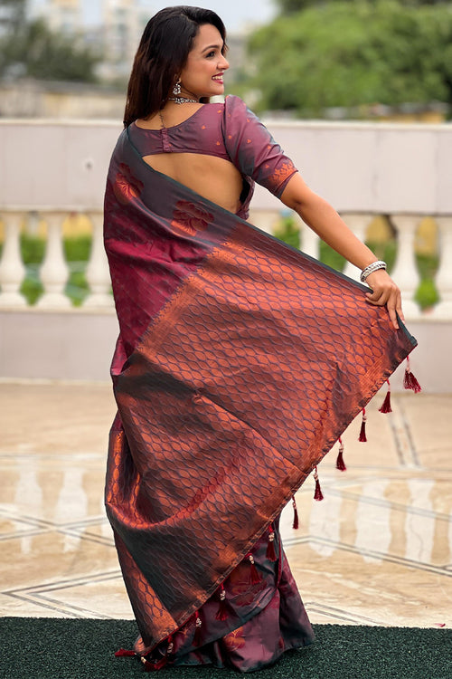 Load image into Gallery viewer, Vivacious Wine Soft Banarasi Silk Saree With Elaborate Blouse Piece
