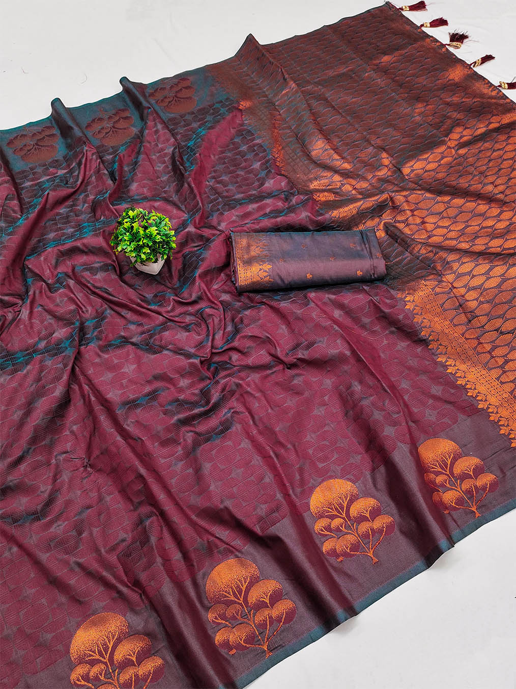 Vivacious Wine Soft Banarasi Silk Saree With Elaborate Blouse Piece