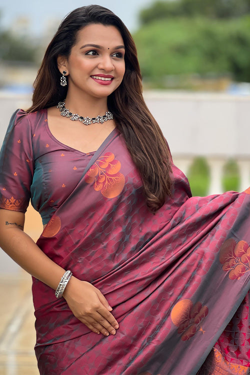 Load image into Gallery viewer, Vivacious Wine Soft Banarasi Silk Saree With Elaborate Blouse Piece
