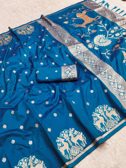 Deserving Blue Pure Zari Weaving Banarasi Silk Saree With Appealing Blouse Piece