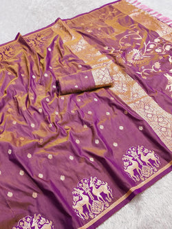 Dulcet Lavender Pure Zari Weaving Banarasi Silk Saree With Panache Blouse Piece