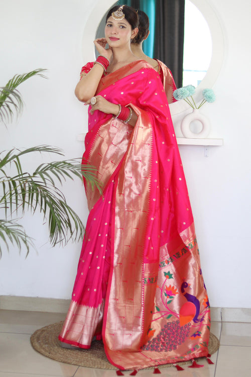 Load image into Gallery viewer, Invaluable Dark Pink Paithani Silk Saree With Blooming Blouse Piece
