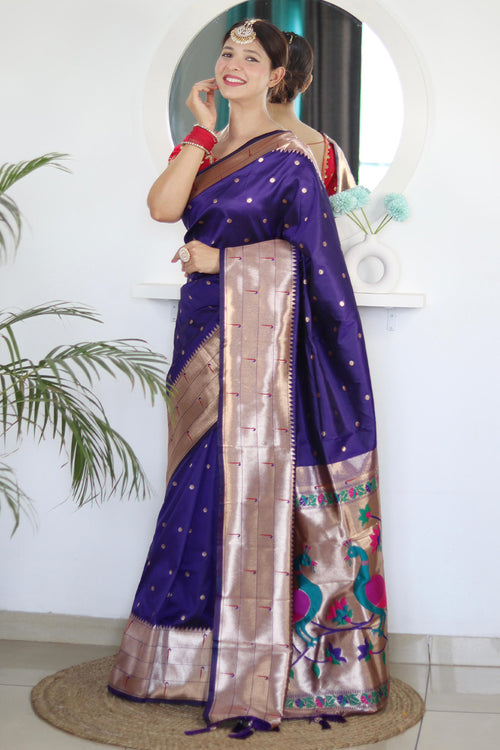 Load image into Gallery viewer, Pleasant Navy Blue Paithani Silk Saree With Ideal Blouse Piece
