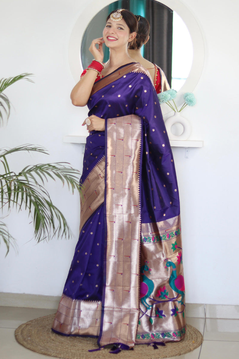 Pleasant Navy Blue Paithani Silk Saree With Ideal Blouse Piece