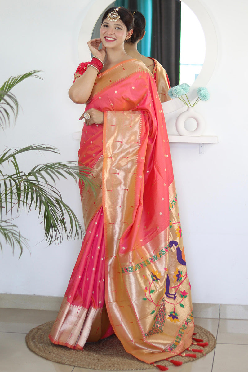 Lassitude Pink Paithani Silk Saree With Redolent Blouse Piece