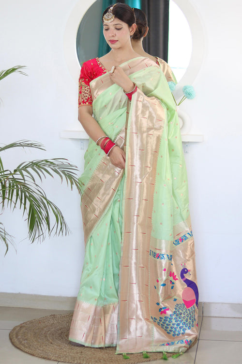 Load image into Gallery viewer, Denouement Pista Paithani Silk Saree With Incredible Blouse Piece
