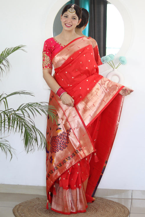 Load image into Gallery viewer, Fantabulous Red Paithani Silk Saree With Incomparable Blouse Piece
