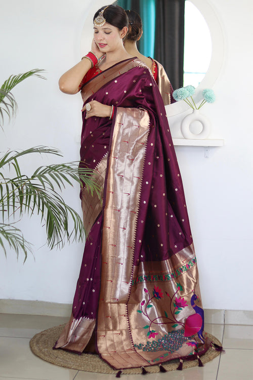 Load image into Gallery viewer, Exquisite Wine Paithani Silk Saree With Jubilant Blouse Piece
