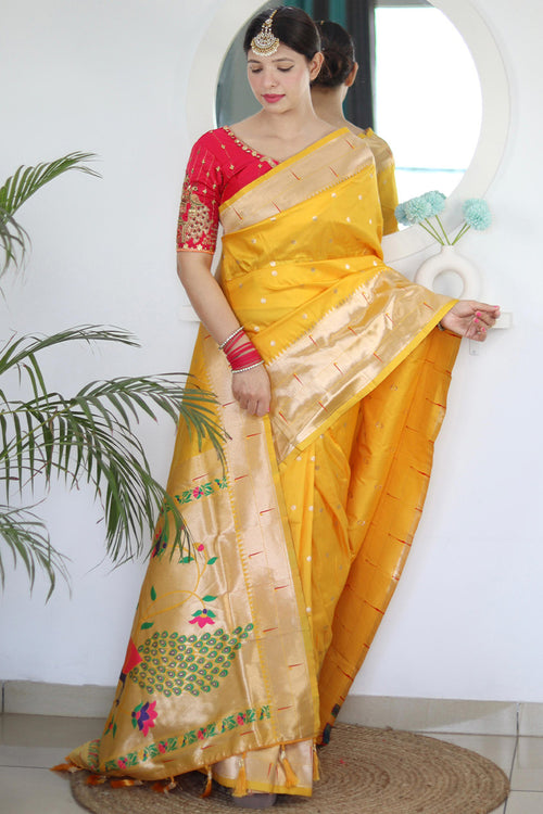 Load image into Gallery viewer, Pulsating Yellow Paithani Silk Saree With Resonant Blouse Piece
