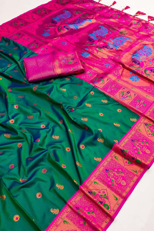 Load image into Gallery viewer, Unequalled Dark Green Paithani Silk Saree With Scrumptious Blouse Piece
