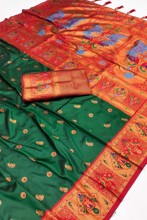 Load image into Gallery viewer, Piquant Dark Green Paithani Silk Saree With Radiant Blouse Piece
