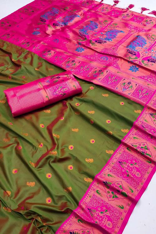 Load image into Gallery viewer, Rhapsody Mehndi Paithani Silk Saree With Luminous Blouse Piece
