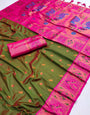 Rhapsody Mehndi Paithani Silk Saree With Luminous Blouse Piece