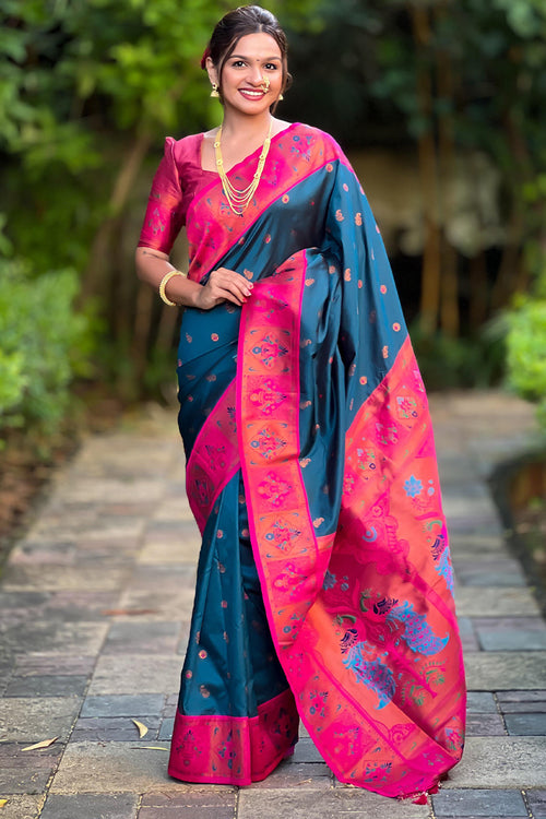 Load image into Gallery viewer, Ephemeral Teal Blue Paithani Silk Saree With Dalliance Blouse Piece
