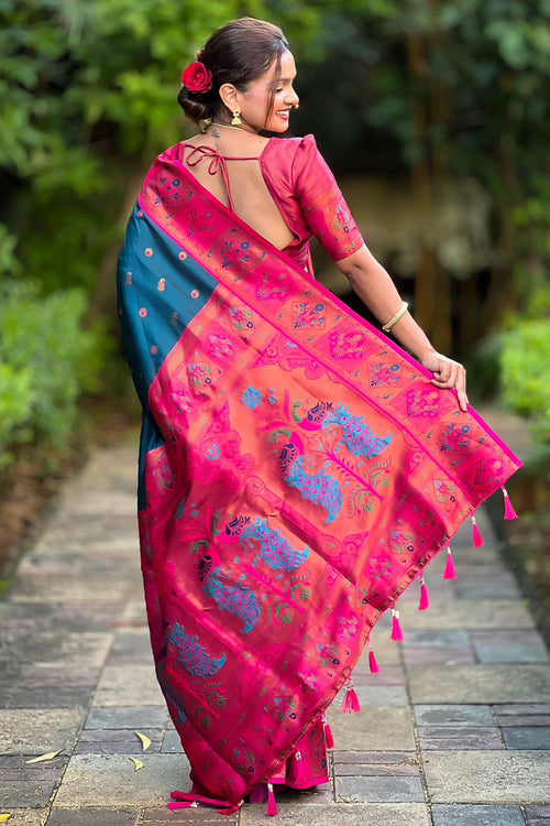 Load image into Gallery viewer, Ephemeral Teal Blue Paithani Silk Saree With Dalliance Blouse Piece
