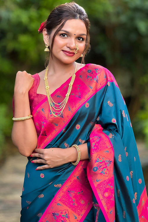 Load image into Gallery viewer, Ephemeral Teal Blue Paithani Silk Saree With Dalliance Blouse Piece
