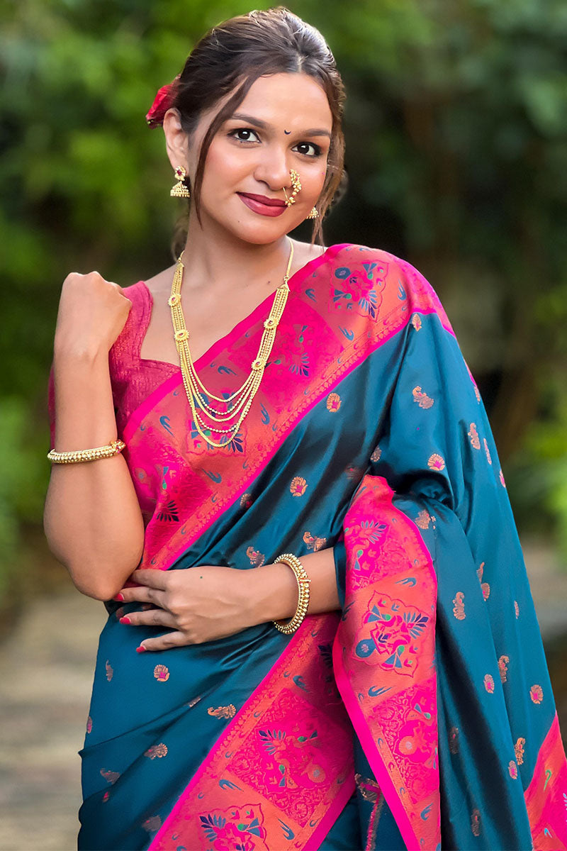 Ephemeral Teal Blue Paithani Silk Saree With Dalliance Blouse Piece