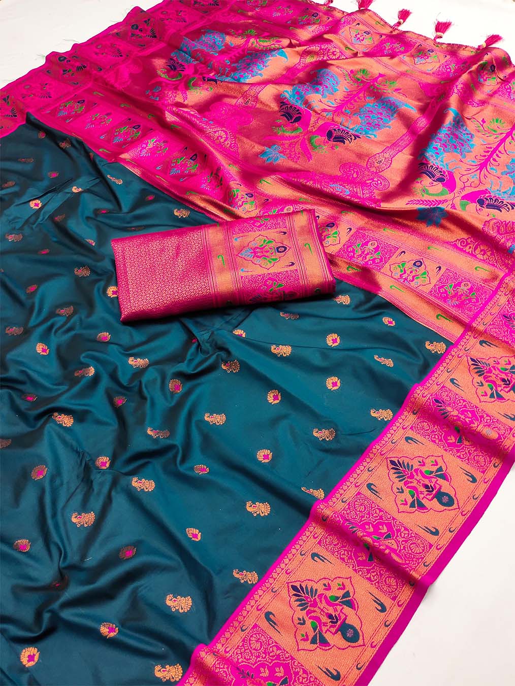 Ephemeral Teal Blue Paithani Silk Saree With Dalliance Blouse Piece