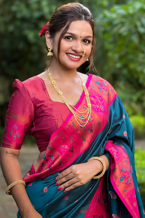 Load image into Gallery viewer, Ephemeral Teal Blue Paithani Silk Saree With Dalliance Blouse Piece
